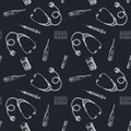 Seamless pattern with hand drawn chalk vial of blood, pills and medicines, medical thermometer, stethoscope, syringe Royalty Free Stock Photo