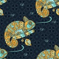 Seamless pattern with hand drawn chameleon.