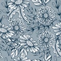 Seamless pattern, hand-drawn chamomile flowers, blue outline on a pale blue background. Elegant design for textile Royalty Free Stock Photo