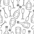 Seamless pattern from the hand drawn champagner bottles and glases. Royalty Free Stock Photo