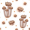 Seamless pattern. Hand drawn characters cat mushrooms. Royalty Free Stock Photo