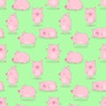 Seamless pattern of hand-drawn cheerful pigs on an isolated green background. Vector illustration of piglets for New Year, prints,