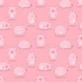 Seamless pattern of hand-drawn cheerful pigs on an isolated pink background. Vector illustration of piglets for New Year, prints,