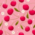 Seamless pattern with hand drawn cherries on pink background. Fruit and floral design in bright colors. Royalty Free Stock Photo