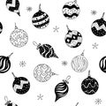 Seamless pattern hand drawn Christmas balls and snowflake. Vector doodle illustration for Christmas and New Year. Background with Royalty Free Stock Photo