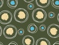 Seamless Pattern of Hand Drawn Circles with Paint Spots on Green Background. Royalty Free Stock Photo