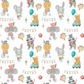 Seamless pattern of hand drawn circus animals elephant, raccoon, rabbit, lion, bear Royalty Free Stock Photo