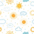 Seamless pattern with hand drawn clouds, stars, drops and sun. Doodle, sketch. Cute background for kids Royalty Free Stock Photo