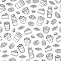 Seamless pattern with hand drawn coffee and desserts. Royalty Free Stock Photo