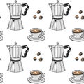 Seamless pattern, hand drawn coffee makers, coffee cups and coffee beans on a white background. Print, textile Royalty Free Stock Photo