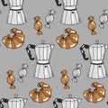 Seamless pattern, hand drawn coffee makers, croissants and sweets on a gray background. Print, textile