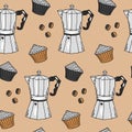 Seamless pattern, hand drawn coffee makers, cupcakes and coffee beans on a beige background. Print, textile