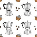 Seamless pattern, hand drawn coffee makers, cupcakes and coffee beans on a white background. Print, textile