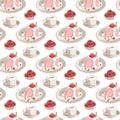 Seamless pattern hand drawn coffee with strawberry cake