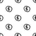 Seamless pattern Hand Drawn coin doodle. Sketch style icon. Decoration element. Isolated on white background. Flat design. Vector Royalty Free Stock Photo