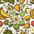 Seamless pattern with hand drawn colored apples, pears, avocado, kiwi, grapes, bananas, strawberry Royalty Free Stock Photo