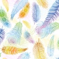 Seamless pattern. Hand drawn colored bird feathers. Boho style. Royalty Free Stock Photo