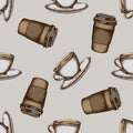 Seamless pattern with hand drawn colored coffee cups, paper cup