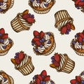 Seamless pattern with hand drawn colored cupcake, cake