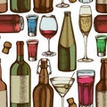 Seamless pattern with hand drawn colored glass, champagne, mug of beer, alcohol shot, bottles of beer, bottle of wine Royalty Free Stock Photo