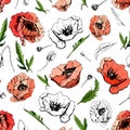 Seamless pattern. Hand drawn colored and graphic sketch with poppy flowers Royalty Free Stock Photo