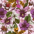 Seamless pattern with hand drawn colored laelia, feijoa flowers, glory bush, papilio torquatus, cinchona, cattleya