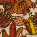 Seamless pattern with hand drawn colored Pork ribs, kebab, sausages, steak, sauce bottles, grilled burger patties Royalty Free Stock Photo