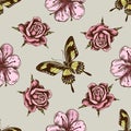 Seamless pattern with hand drawn colored sakura, papilio torquatus, roses