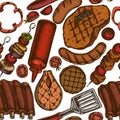 Seamless pattern with hand drawn colored spatula, Pork ribs, kebab, sausages, steak, sauce bottles, grilled burger Royalty Free Stock Photo