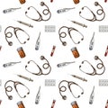 Seamless pattern with hand drawn colored vial of blood, pills and medicines, medical thermometer, stethoscope, syringe Royalty Free Stock Photo