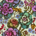 Seamless pattern with hand drawn colored wax flower, forget me not flower, tansy, ardisia, brassica, decorative cabbage