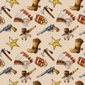 Seamless pattern with hand drawn colored Wild West elements. Royalty Free Stock Photo