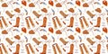 Seamless pattern with hand drawn colorful cowboy clothes on white background in flat cartoon style.