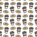 Seamless pattern hand drawn colorful cup of coffee and donut. Doodle black sketch. Sign symbol. Decoration element. Isolated on Royalty Free Stock Photo