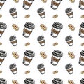 Seamless pattern hand drawn colorful cup of coffee and donut. Doodle black sketch. Sign symbol. Decoration element. Isolated on Royalty Free Stock Photo