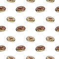 Seamless pattern hand drawn colorful donuts. Doodle black sketch. Sign symbol. Decoration element. Isolated on white background. Royalty Free Stock Photo