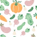Seamless pattern with hand drawn colorful doodle vegetables. Pumpkin, aubergine, beetroot, carrot, zucchini, salad, cucumber Royalty Free Stock Photo