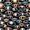 Seamless pattern with hand drawn colorful eyes. Fashion style. Stylish background. Evil eye, witchcraft, magic