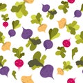 Seamless pattern with hand drawn colorful flat vegetables. Vector texture. Flat icons: radish, beet, turnip. Vegetarian