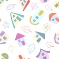 Seamless pattern of hand drawn colorful Houses and leaves on white background. Cute Houses in doodle style. Vector illustration Royalty Free Stock Photo
