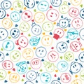 Seamless pattern of hand drawn colorful smiley funny faces