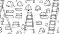 Seamless pattern of hand-drawn construction tools including hard Royalty Free Stock Photo