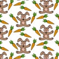 seamless pattern, hand-drawn contour stylized baby hares and carrots, for textile