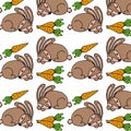 seamless pattern, hand-drawn contour stylized baby hares and carrots, for textile