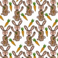 seamless pattern, hand-drawn contour stylized baby hares and carrots, for textile