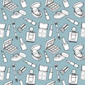 Seamless pattern, hand-drawn cosmetics items on a blue background. Makeup background, textile vector