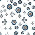 Seamless pattern with hand-drawn crosses and circles in brown and blue on a white decorative background . illustration. For Royalty Free Stock Photo