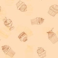 Seamless pattern hand-drawn cupcakes, cakes, menus, invitations, banners