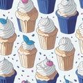 Seamless pattern with hand drawn cupcakes. Vector illustration. Ai generated