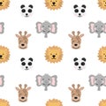 Seamless pattern of hand-drawn cute animals of hot countries for kids. Image of panda, giraffe, elephant, lion on a transparent ba